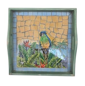 NAPCO SHABBY CHIC MOSAIC PARROT TROPICAL SCENE WOOD TRAY W/HANDLES 13"X13.5"